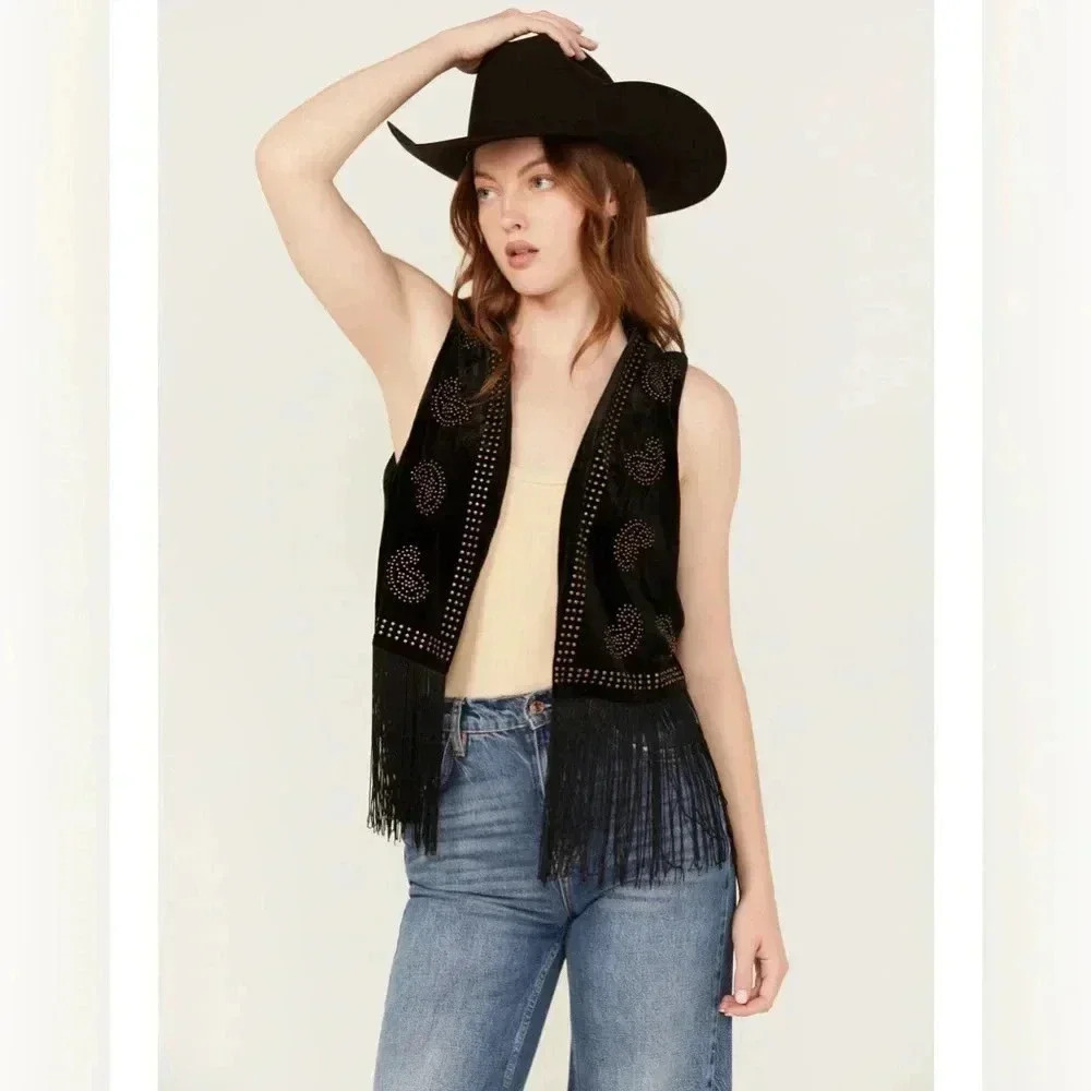 Vocal Women’s Faux Suede Studded Fringe Vest - Western Boho Festival Style